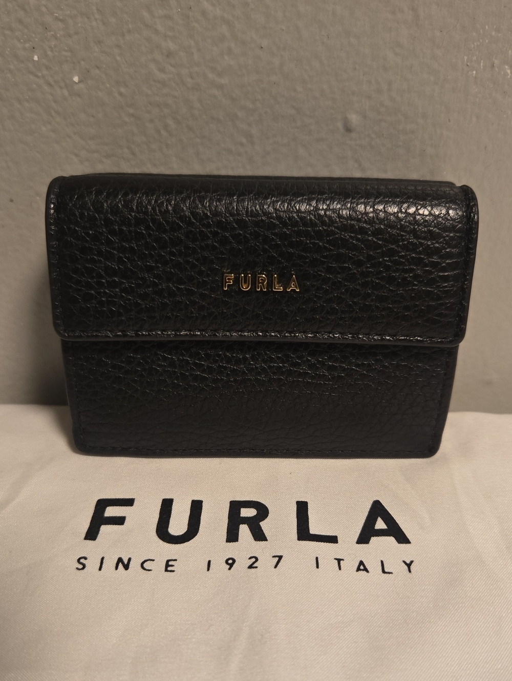 Furla Pebbled Black Leather Mini Wallet with Gold Logo